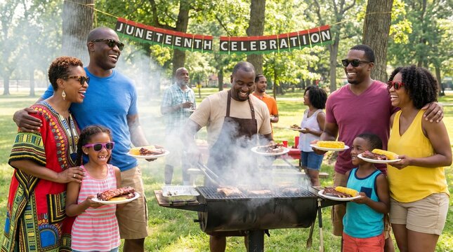 Juneteenth celebration cookout barbecue with happy African American families enjoying grilled food in a sunny park as a symbol of freedom and community heritage