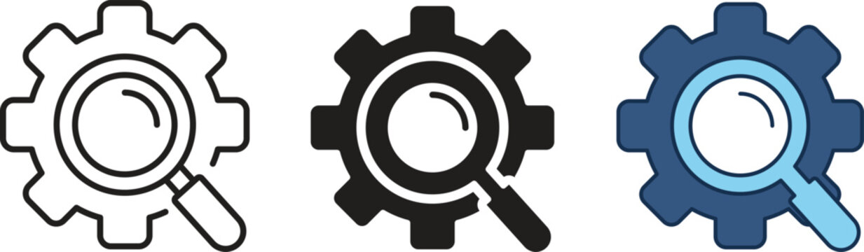 Gear Search Icon Set with Magnifying Glass and Settings Symbol Vector Illustration