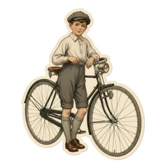 Naklejka premium Boy standing with vintage bicycle. Illustration of child in historical clothing leaning on classic bike. Nostalgic portrait for retro design and antique art collection.