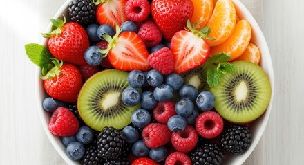 Obraz premium Fresh Mixed Berry Fruit Bowl with Kiwi and Mandarin.