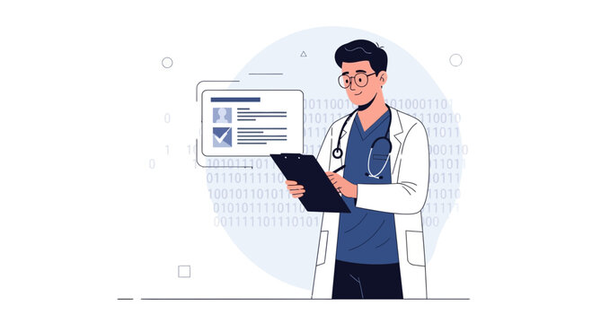 Doctor reviewing medical data analytics with binary code background
