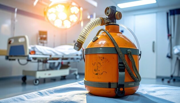 Orange manual resuscitator bag with attached mask in a hospital setting