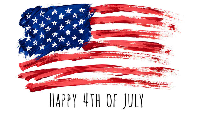 Watercolor american flag illustration with brush strokes and handdrawn stars, isolated on white background