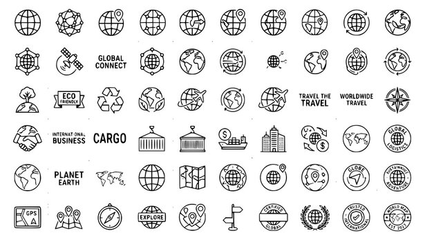 Globe icons badges and labels editable stroke vector transparent background