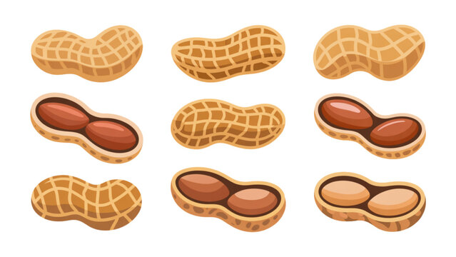 Set of pixel art peanuts in shells and peeled nuts isolated icons