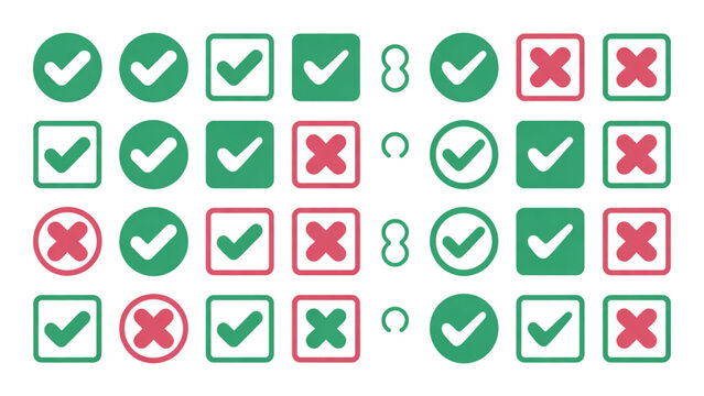 Set of green check mark and red cross mark icons for survey and validation