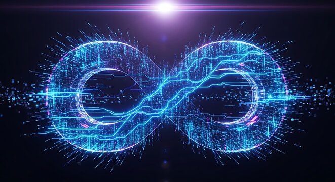 Glowing blue digital infinity symbol made of circuits and data lines