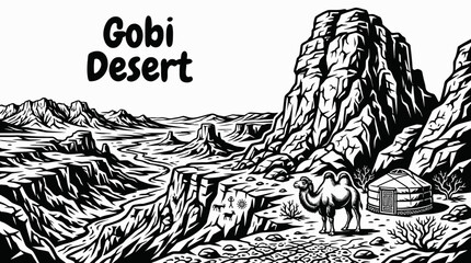 Rocky terrain in the Gobi Desert black and white vector representing harsh climate remote wilderness and Asian desert geography © Ethan