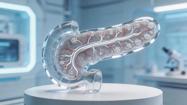 3D medical visualization of healthy human pancreas anatomy in modern clinical research laboratory