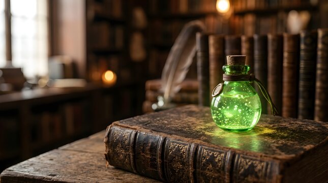 Glowing green magic potion bottle on an antique book in a library