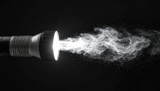 Medical penlight emitting a bright, focused beam that illuminates swirling particles and smoke against a dark background.