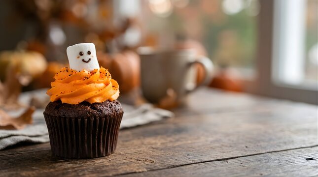 Halloween chocolate cupcake with orange frosting and ghost marshmallow