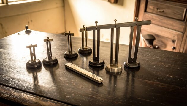 Set of Antique Brass Tuning Forks for Neurological Examinations Arranged by Size on a Dark Wooden Table