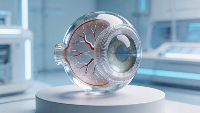 Futuristic 3D prosthetic bionic human eye model in advanced medical research laboratory environment