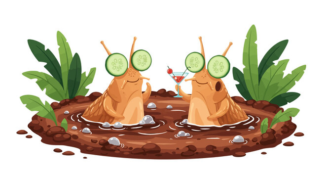 Two happy snails relaxing in a mud bath with cucumber slices on their eyes.