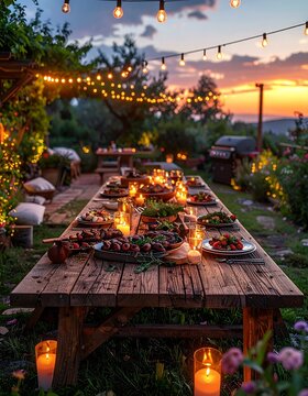 Sommerliche BBQ-Tafel im Garten mit Lichterketten und Grillabend