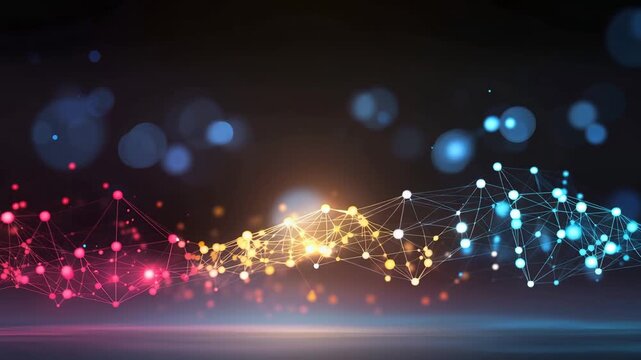 Colorful lights dance in patterns in a digital display at night time in a modern setting