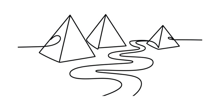 Continuous line drawing of egyptian pyramids and the nile river landscape Vector, illustration