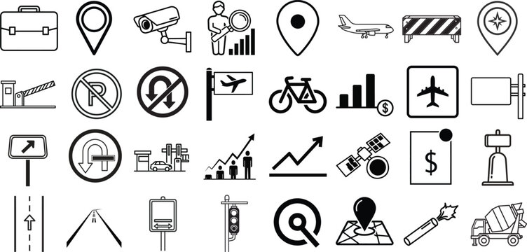 Set of black and white line art icons for navigation transportation business and security symbols