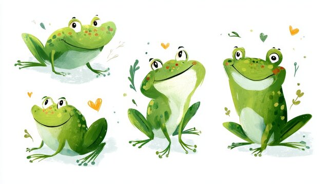 Cute green frogs smile warmly at viewer. Each frog has soft watercolor texture. They sit on light, playful backgrounds. Little hearts float near their faces
