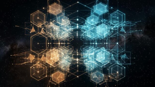 Futuristic Holographic Data Grid with Hexagonal Pattern Rotating in Space 4K