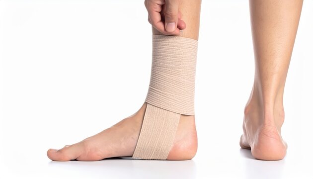 Mannequin's ankle being securely wrapped with a beige woven elastic compression bandage for support and injury treatment
