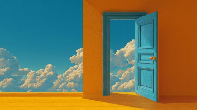 Blue door opens to clouds against orange walls. Sunlit room leads to sky beyond threshold. Dreamy, surreal scene invites curiosity and wonder. Ideal for travel, escape, or imagination themes