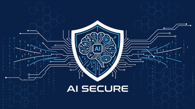 Graphic illustration of a shield with a brain and circuit board design, symbolizing AI security on a dark blue background with a futuristic feel.