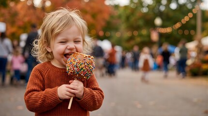 Happy toddler boy eating a candy apple at a festive fall street fair