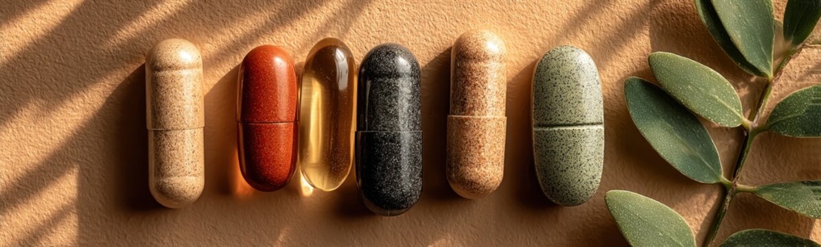 Several different colored pill cases lined up on a wall banner copy space organic health supplements