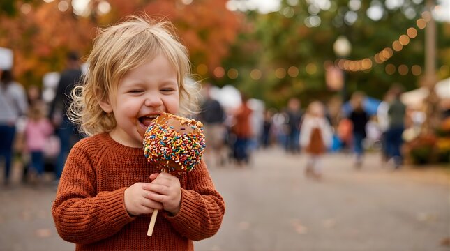 Happy toddler boy eating a candy apple at a festive fall street fair