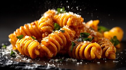 Naklejka premium A macro close up of pasta coated in glossy tomato sauce with visible herbs and parmesan on a dark slate background with dramatic lighting