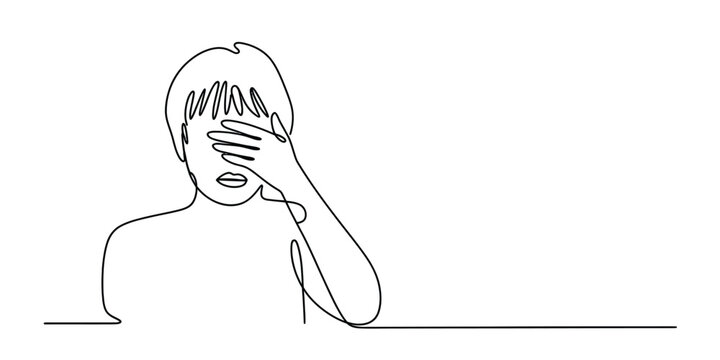Continuous line drawing of a person covering face with hand showing shame or embarrassment Vector, illustration