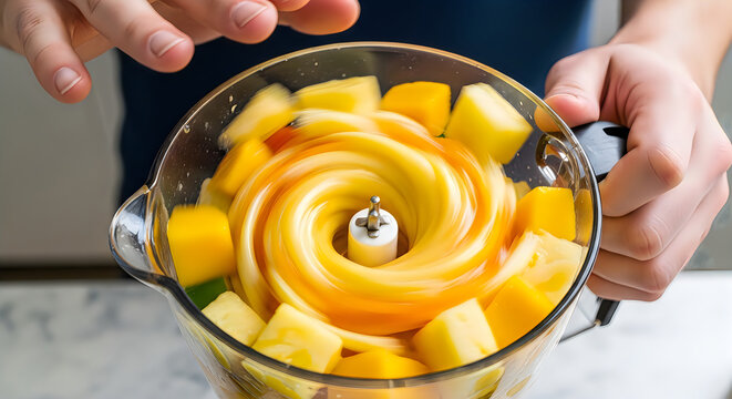 Mango puree preparation in a food chopper close up view