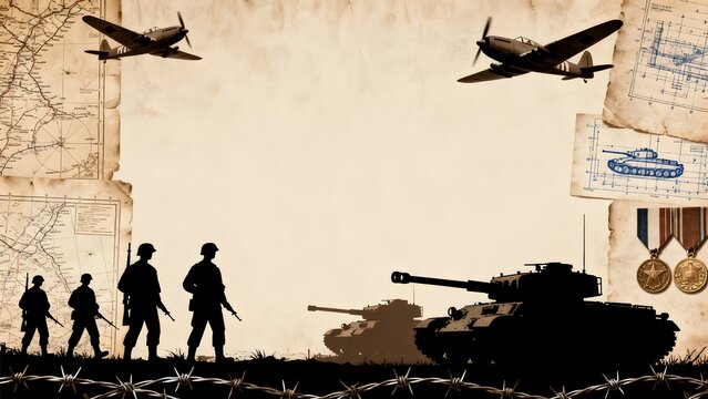 Silhouettes of soldiers tanks and planes