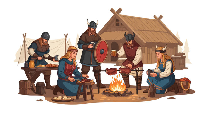 Viking encampment with warriors and villagers gathered around a campfire.
