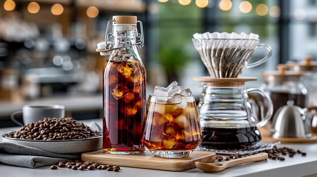 Coffee brewing setup with cold brew and coffee beans on table at cafe during afternoon
