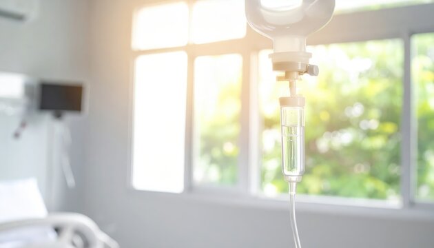 Intravenous IV drip bag filled with clear saline solution hanging in a hospital room with bright window light