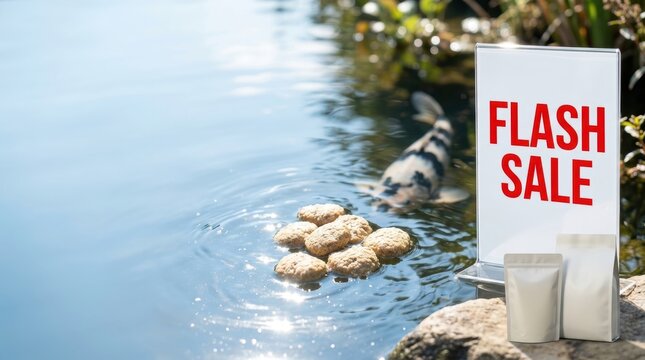 A koi fish swims in a pond near food pellets and a Flash Sale sign with white packaging