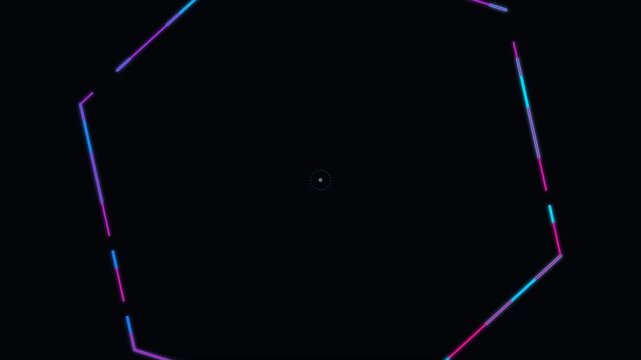 Glowing neon hexagon shape with digital glitch effect and light trails on a dark black background