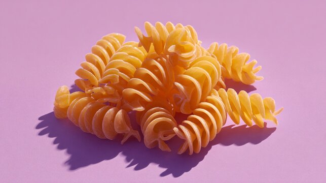 A minimalist composition of pasta on a solid lavender background with clean studio lighting