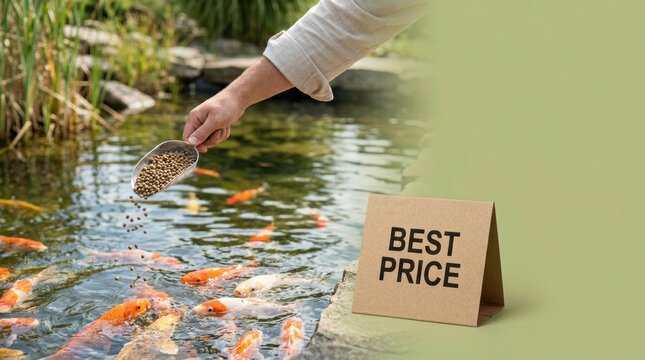 Hand feeding koi fish with pellets in a pond with a BEST PRICE sign pet shop