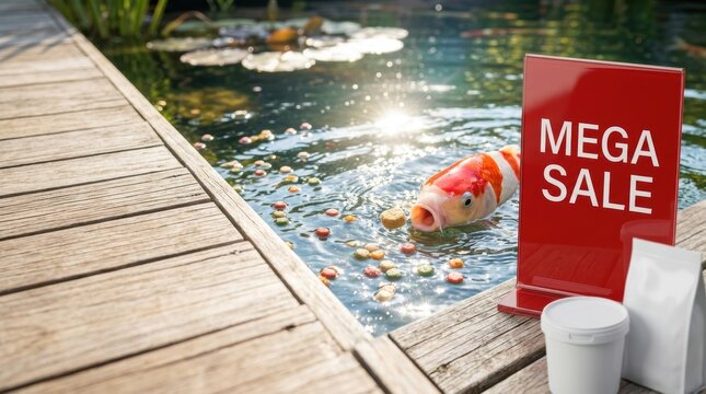 A vibrant koi fish with open mouth swims in a pond surrounded by food pellets next to a red sale sign