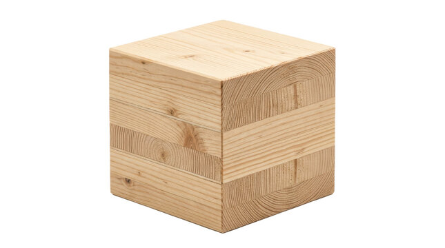 A wooden cube made of stacked laminated timber planks isolated on transparent background