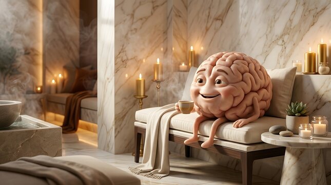 Anthropomorphic brain character relaxing in a luxurious wellness spa setting high quality professional