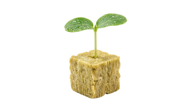 Young green seedling growing in a rockwool cube isolated on transparent background
