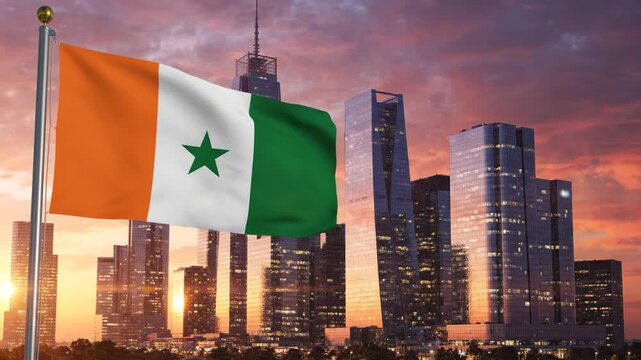 Ivorian flag waving in city skyline