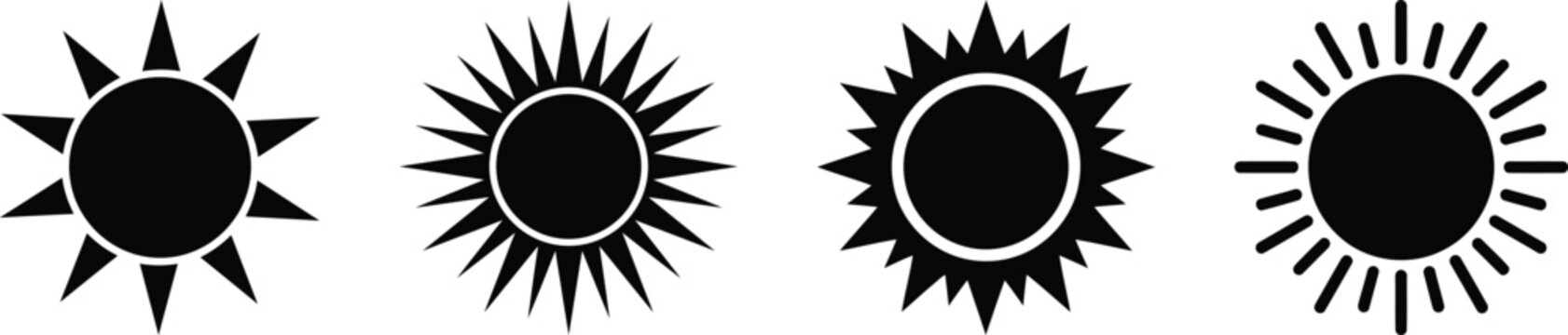 Set of four simple black sun icons with different rays and shapes for weather design elements