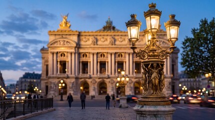 Obraz premium Ornate Street Lamp in Front of Opera Garnier, Paris at Dusk