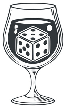 Dice floating in a brandy snifter glass, gambling concept